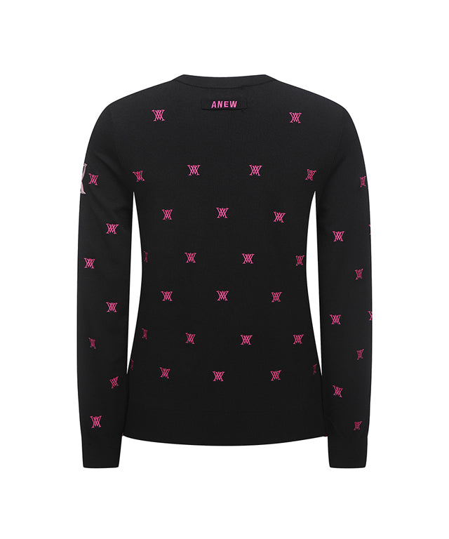 ANEW Golf Women Monogram Logo Point Pullover Sweater in Black, featuring embroidered logo and stylish design.